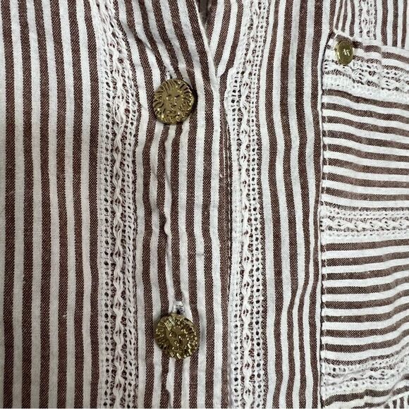 Anne Klein Womens Shirt Blouse Large Brown White Button Front Stripe Tie Sleeve - Picture 5 of 12